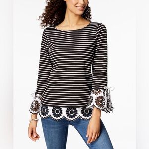 Charter Club Black and White Striped Top with Daisy Eyelet Hem and Bell Sleeves